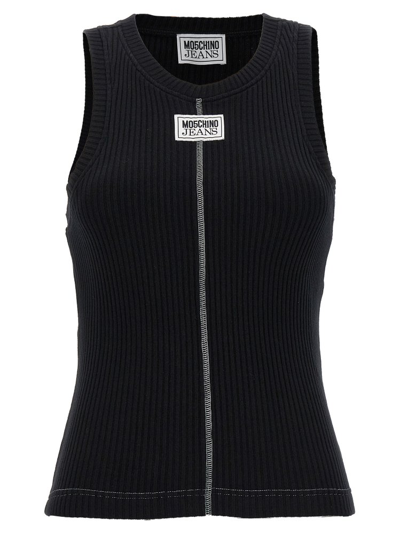 Shop Moschino Logo Patch Ribbed Tank Top In Black