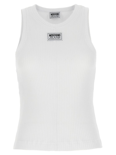Shop Moschino Logo Patch Ribbed Tank Top In White