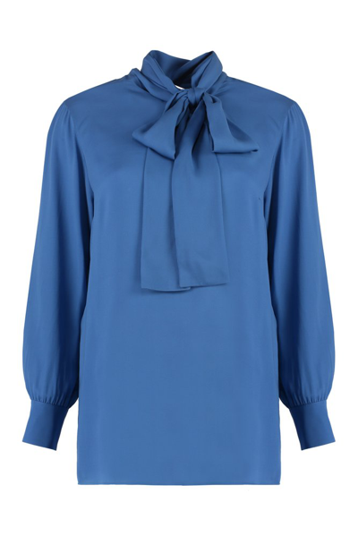 Shop Gucci Pussy Bow Georgette Shirt In Blue