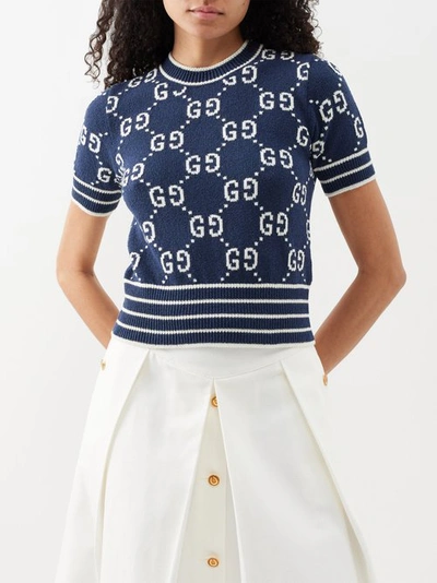 Gucci Gg-jacquard Cotton-blend Short-sleeved Sweater In Navy White |  ModeSens