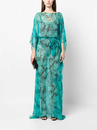 Shop Roberto Cavalli Draped Marbled-pattern Maxi Dress In Blue