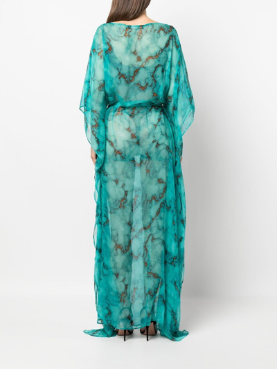 Shop Roberto Cavalli Draped Marbled-pattern Maxi Dress In Blue