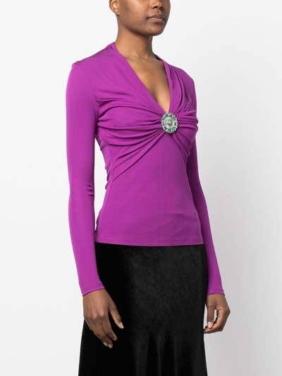 Shop Roberto Cavalli Gathered-front Long-sleeve Top In Purple