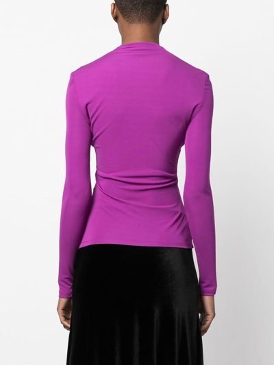 Shop Roberto Cavalli Gathered-front Long-sleeve Top In Purple