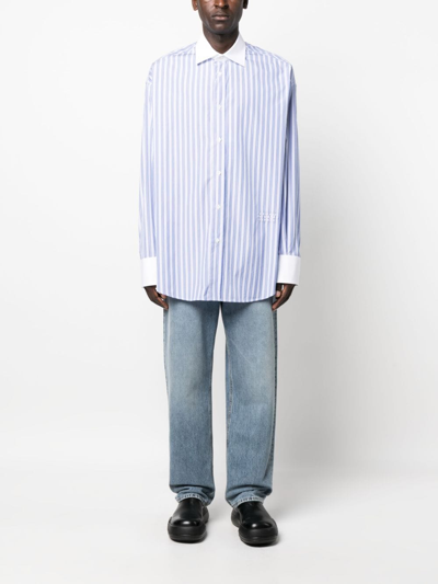 Shop Mm6 Maison Margiela Logo-embroidered Striped Cotton Shirt In Blue