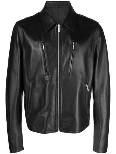 Shop Ferragamo Black Leather Blouson Jacket