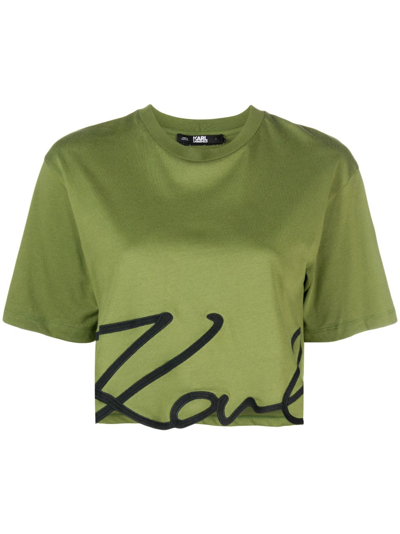 Shop Karl Lagerfeld Logo-print Organic-cotton Cropped T-shirt In Green