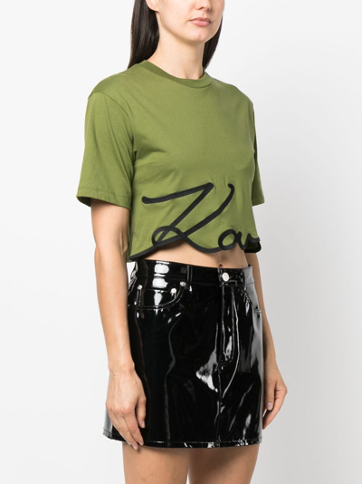 Shop Karl Lagerfeld Logo-print Organic-cotton Cropped T-shirt In Green