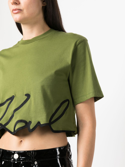 Shop Karl Lagerfeld Logo-print Organic-cotton Cropped T-shirt In Green