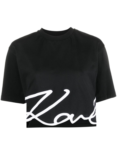 Shop Karl Lagerfeld Logo-print Organic-cotton Cropped T-shirt In Black