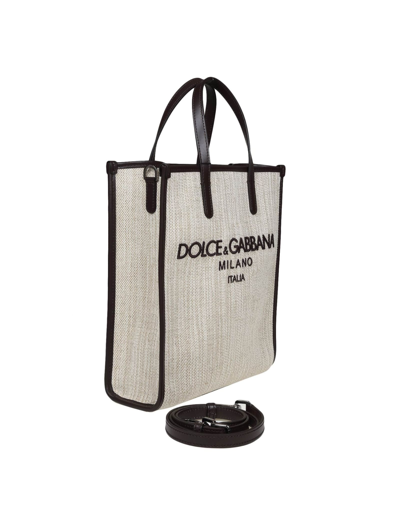 Shop Dolce & Gabbana Small Shopping Bag In Canvas With D&g Milano Logo In Sand