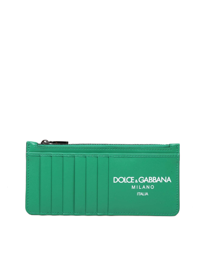Shop Dolce & Gabbana Calfskin Card Holder With Green Logo In Emerald
