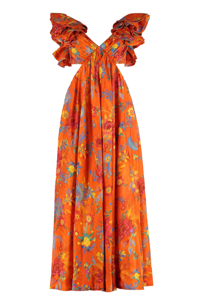 Shop Zimmermann Ginger Frill Printed Silk Dress In Orange