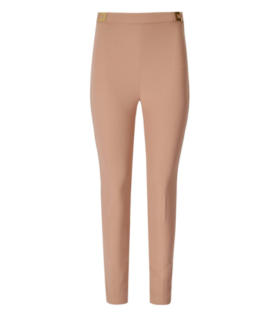 Shop Elisabetta Franchi Straight Crepe Trousers With Logo Plaques In Nude