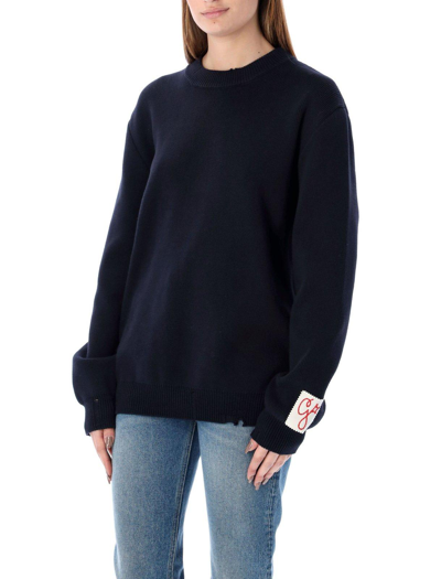 Shop Golden Goose Logo Patch Knitted Sweater In Blu