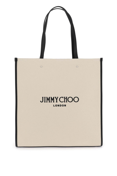 Shop Jimmy Choo N/s Canvas Tote Bag In Natural Black Silver (white)