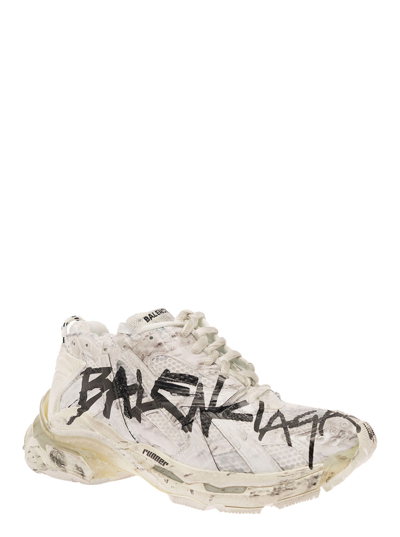 Shop Balenciaga White Runner Sneaker With Graffiti Detail And Logo In Mesh And Nylon Man