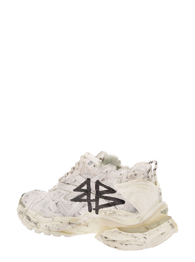 Shop Balenciaga White Runner Sneaker With Graffiti Detail And Logo In Mesh And Nylon Man