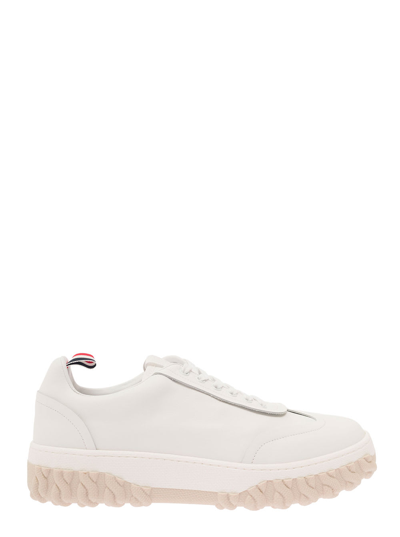 Shop Thom Browne Field White Low Top Sneakers With Cable Knit Sole And Tricolor Detail In Leather Man