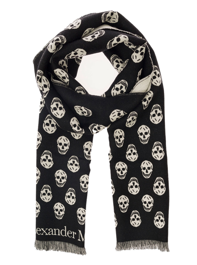 Shop Alexander Mcqueen Black Scarf With All-over Skull Motif In Wool Man