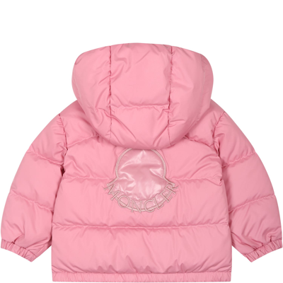 Shop Moncler Pink Ebre Down Jacket For Baby Girl With Logo
