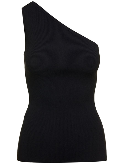 Shop Totême Black Monochrome One-shoulder Ribbed Top In Viscose Blend Woman