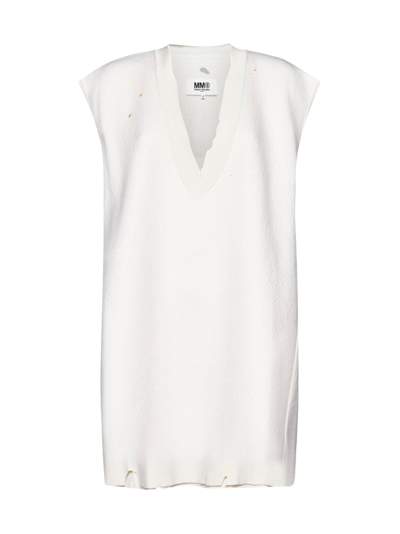 Shop Mm6 Maison Margiela Distressed Sleeveless Knit Dress In White