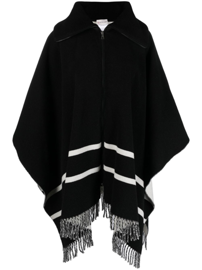 Moncler Fringed Striped Wool-blend Jacquard Poncho In Black