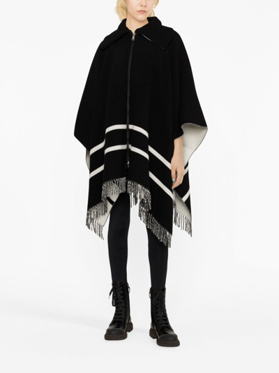 Moncler Fringed Striped Wool-blend Jacquard Poncho In Black