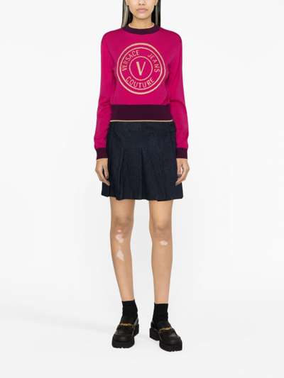 Shop Versace Jeans Couture Intarsia-knit Logo Jumper In Pink