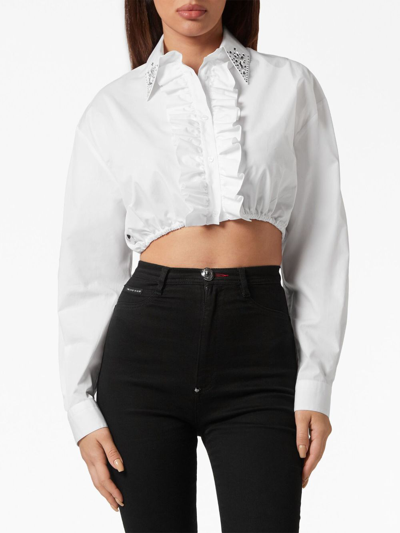 Shop Philipp Plein Cropped Ruffled Cotton Shirt In "01 White"