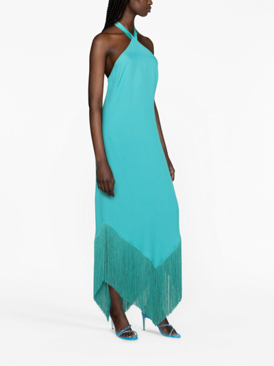 Shop Taller Marmo Fringed Asymmetric Halterneck Dress In Blue