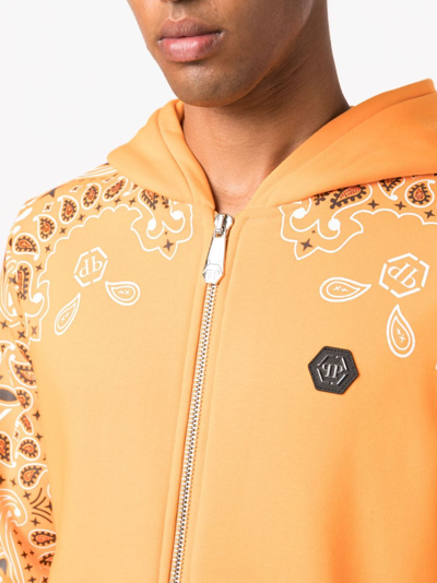 Shop Philipp Plein Bandana-print Zip-up Hoodie In Orange
