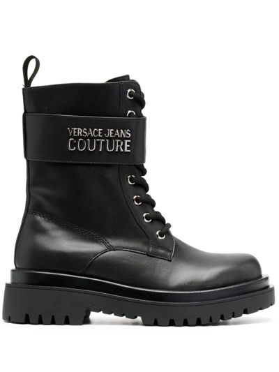 Versace Jeans Couture Logo Lettering Lace-up Combat Boots In Black