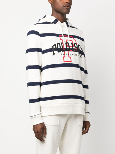 Shop Polo Ralph Lauren Logo-print Striped Cotton Hoodie In White