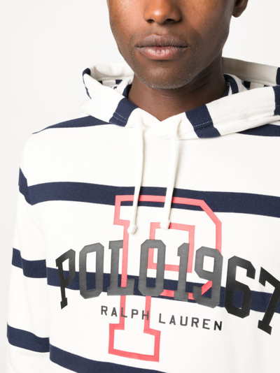 Shop Polo Ralph Lauren Logo-print Striped Cotton Hoodie In White