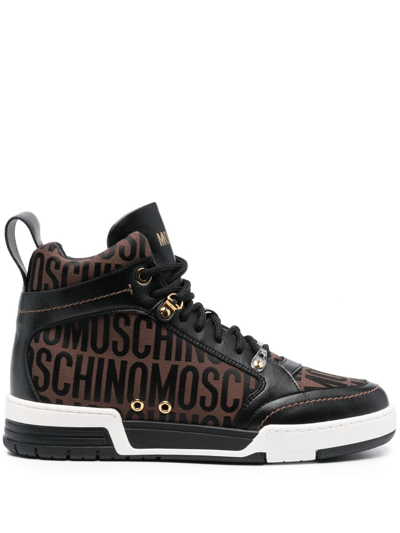 Shop Moschino Logo-print High-top Sneakers In Brown