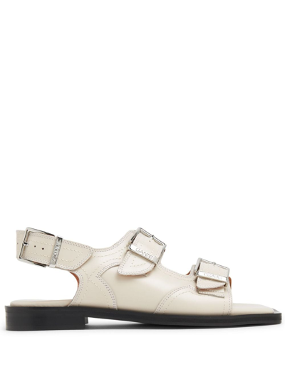 Shop Ganni Buckle-fastening Leather Flat Sandals In Neutrals