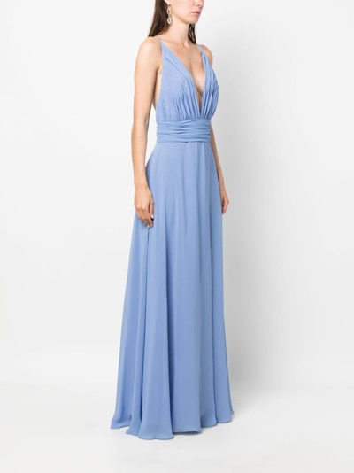 Shop Blanca Vita Pleated V-neck Gown In Blue