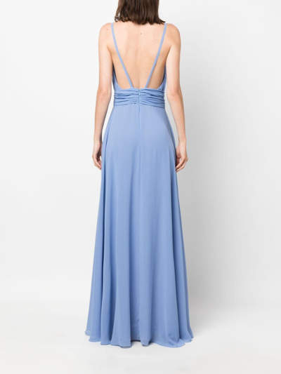 Shop Blanca Vita Pleated V-neck Gown In Blue