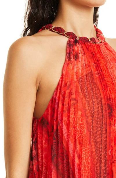 Shop Alice And Olivia Alycia Sunburst Print Pleated Chain Neck Halter Top In Vintage Summer Bright Coral