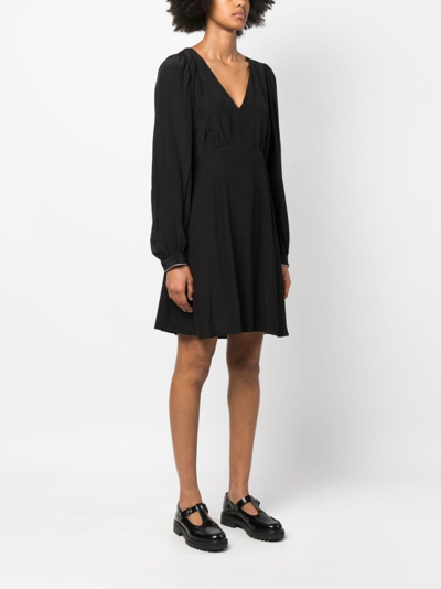 Shop Tommy Hilfiger Puff-sleeve V-neck Flared Dress In Black