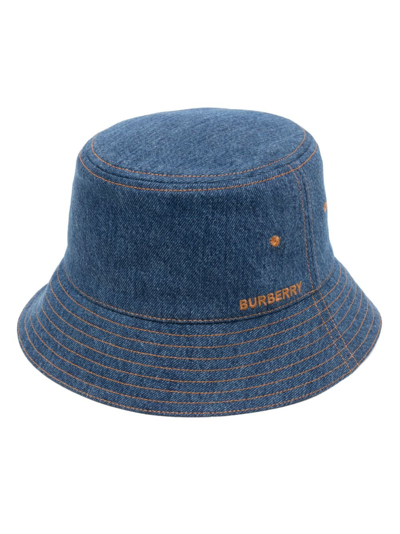 Shop Burberry Blue Embroidered Logo Bucket Hat