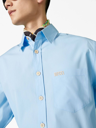 Shop Gucci Logo-embroidered Short-sleeve Shirt In Blue