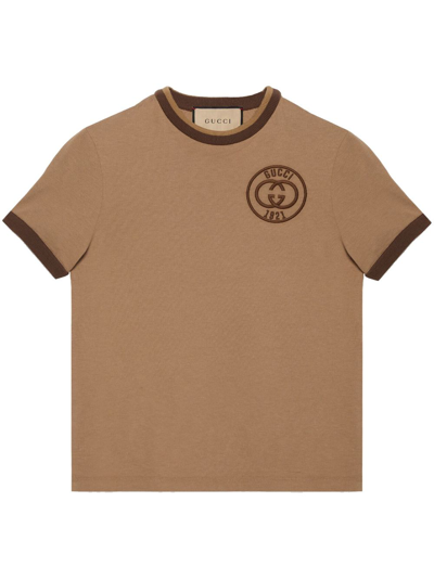 Shop Gucci Logo-embroidered Cotton T-shirt In Neutrals