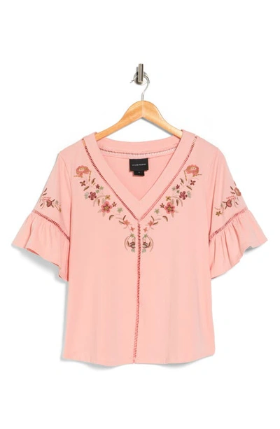 Shop Liv Los Angeles Floral Embroidered Flutter Sleeve Blouse In Blush