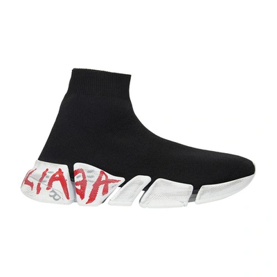 Shop Balenciaga Speed 2.0 Graffiti Recycled Knit Sneaker In Black_white_red