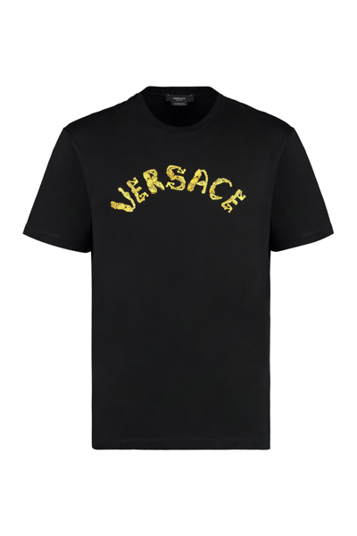 Shop Versace Logo Embroidery Cotton T-shirt In Black