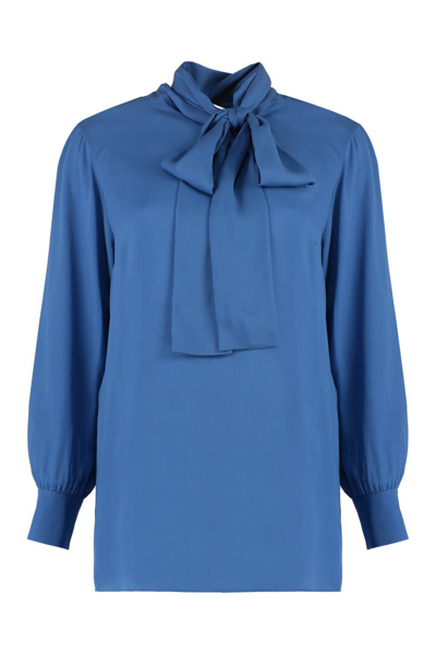 Shop Gucci Pussy-bow Collar Georgette Shirt In Blue