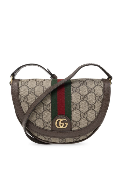 Shop Gucci Logo Plaque Ophidia Mini Shoulder Bag In Beige